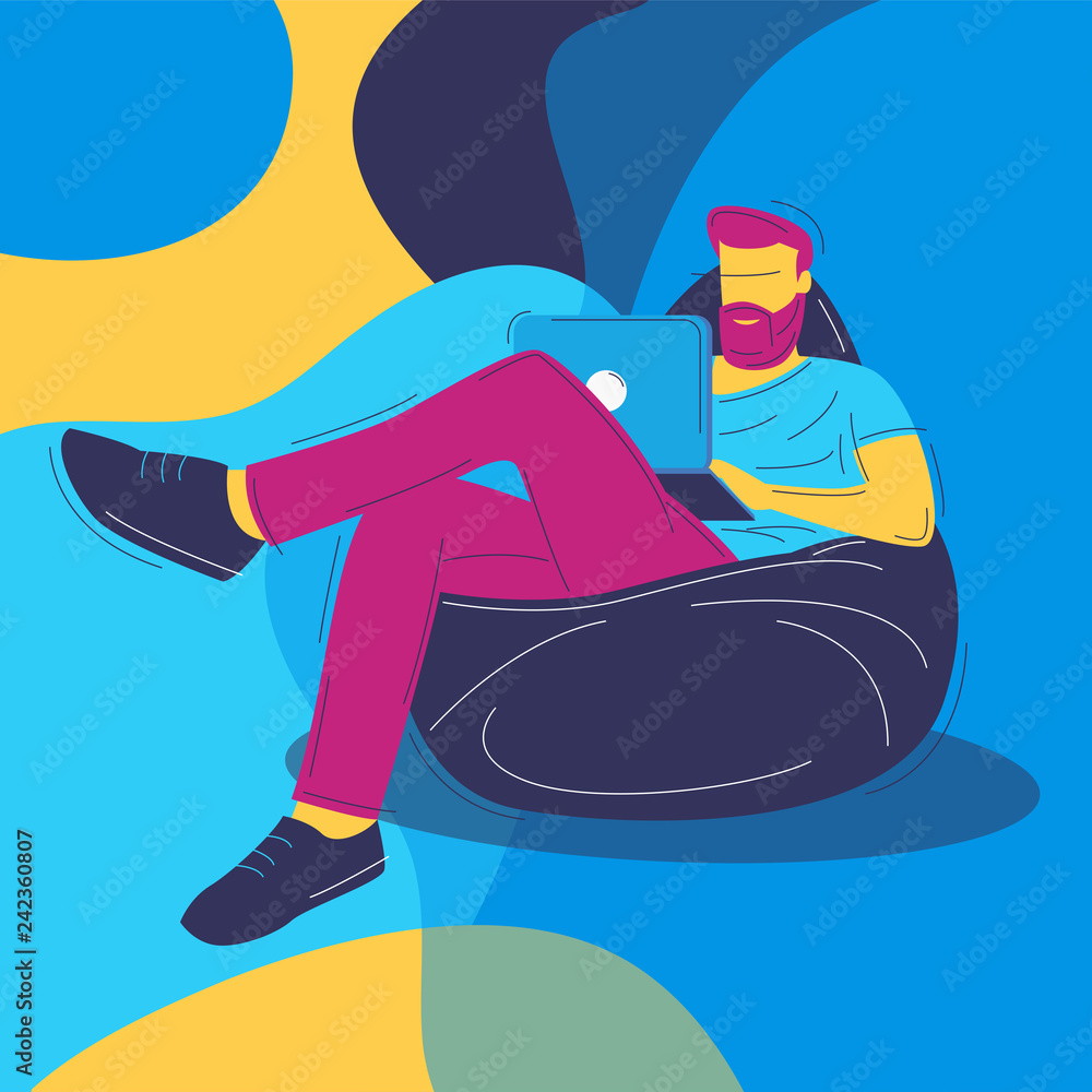 vector image of a bearded man sitting on a poof, with a computer on his feet