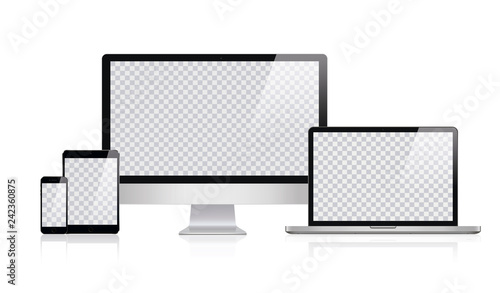 Copy of Realistic Computer, Laptop, Tablet and Mobile Phone with Transparent Wallpaper Screen Isolated. Set of Device Mockup Separate Groups and Layers. Easily Editable Vector.

