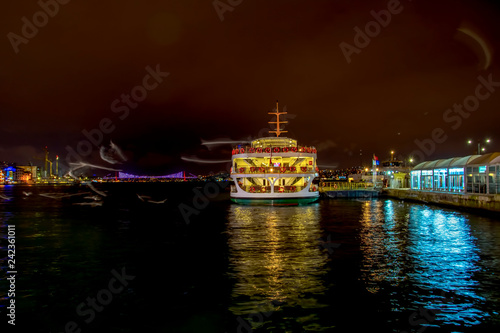 Beautiful View touristic landmarks from sea voyage on Bosphorus. turkish steamboats, view on Golden Horn.