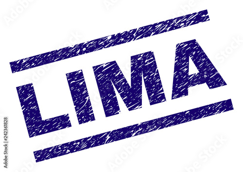 LIMA seal print with grunge style. Blue vector rubber print of LIMA label with dirty texture. Text caption is placed between parallel lines.