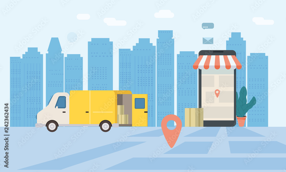 Online delivery service, tracking online tracker. Smartphone, parcel delivery truck. Internet delivery, concept, idea, vector, illustration for web sites, stores, animation, mobile applications