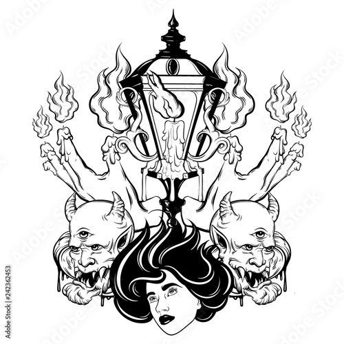 Vector hand drawn surreal illustration of melting hands, woman face, devil, vintage lantern. Tattoo artwork.  Template for card, poster, banner, print for t-shirt, coloring book.