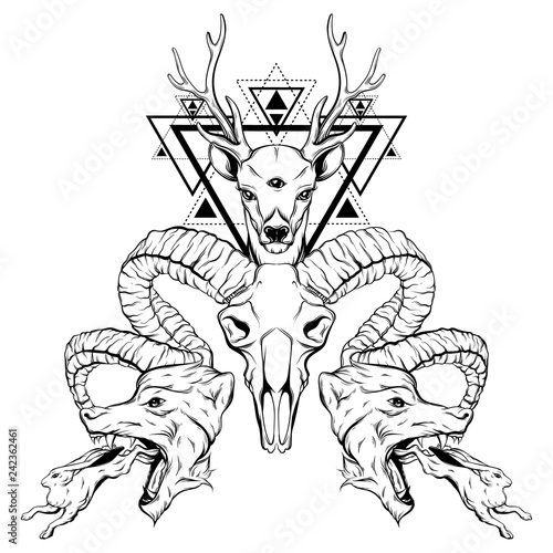 Vector hand drawn surreal illustration of animals. Composition with wolves, rabbits, dear, ram skull.  Tattoo artwork.  Template for card, poster, banner, print for t-shirt, coloring book.