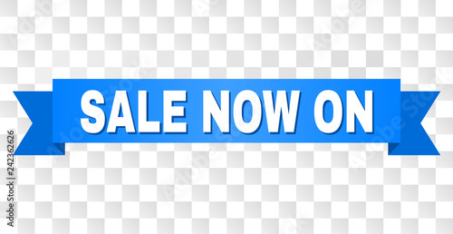 SALE NOW ON text on a ribbon. Designed with white caption and blue stripe. Vector banner with SALE NOW ON tag on a transparent background.