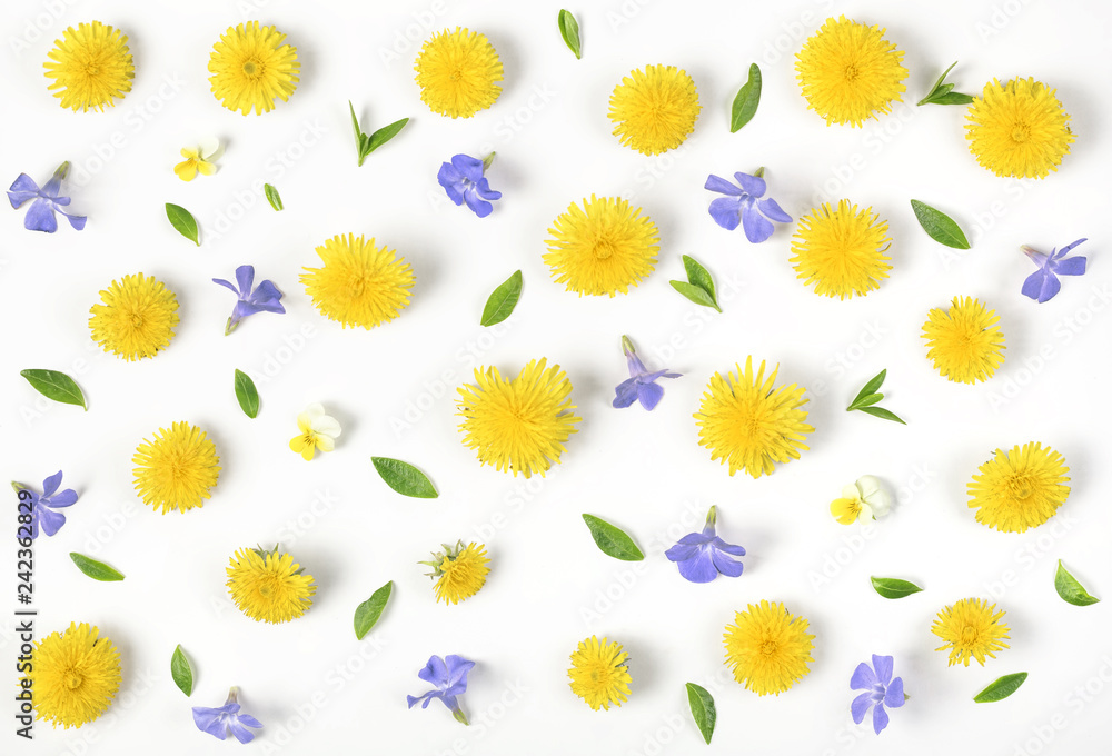 Floral pattern made of yellow dandelion, lilac flowers and leaves isolated on white background. Flat lay. Top view.