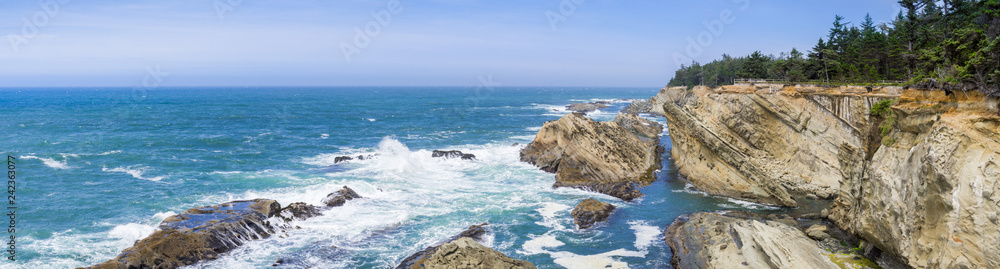 Panorama of the dramatic shoreline with strange rock formations at Shores Acres State Park, Coos Bay, Oregon