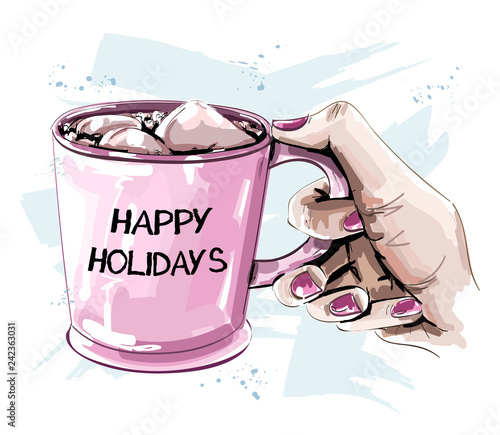 Hand holding cup with marshmallow. Beautiful winter set. Sketch. Vector illustration.