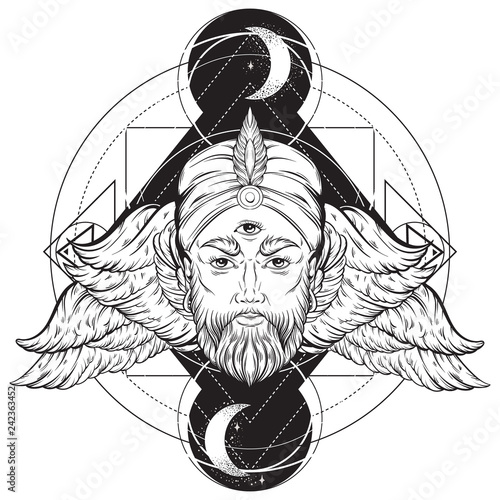 Vector hand drawn illustration of fortune teller with three eyes, moon and wings. Hand sketched creative artwork. Template for card poster, banner, print for t-shirt. Tattoo art.