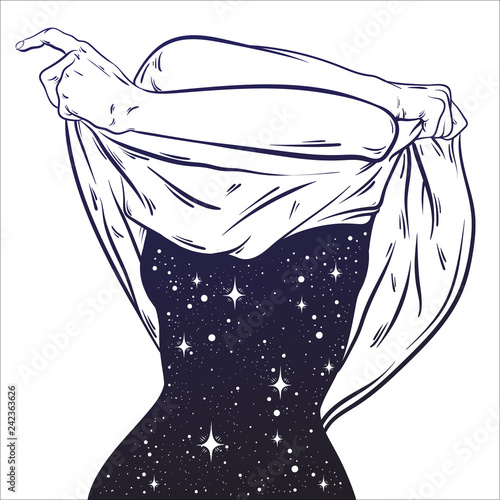 European Girl Covering The Chest With Her Hand. Woman Body In Black  Lingerie. Front View. Vector Template For Tattoo Design Isolated On Black  Background Royalty Free SVG, Cliparts, Vectors, and Stock Illustration.