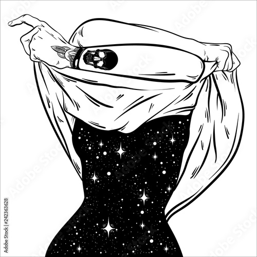 Vector hand drawn surreal  illustration  of undressing woman with space instead of body . Surreal tattoo artwork . Template for card, poster, banner, print for t-shirt.