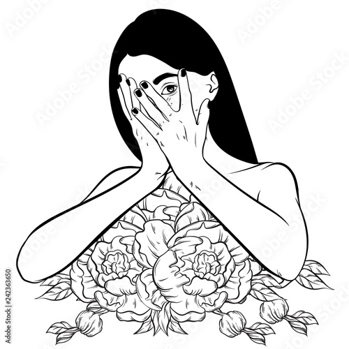 Vector hand drawn illustration of ashamed girl with flowers instead body.  Creative surrealistic artwork.  Tattoo art. Template for card, poster, banner, print for t-shirt.