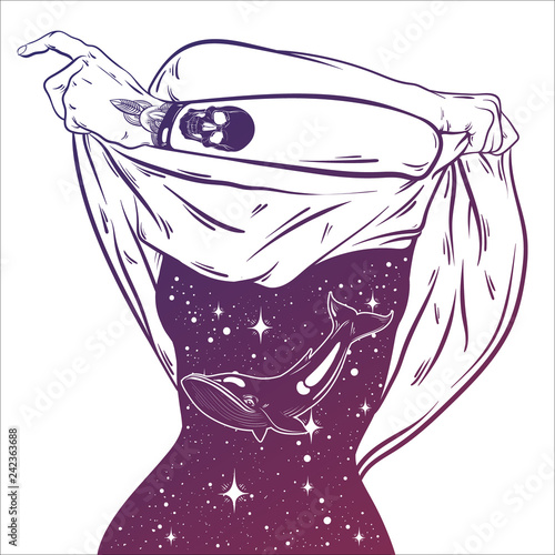 Vector hand drawn surreal  illustration  of undressing woman with space instead of body . Surreal tattoo artwork . Template for card, poster, banner, print for t-shirt.