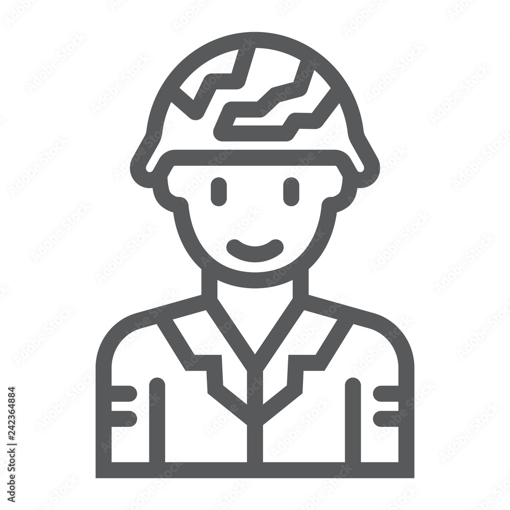 Soldier line icon, military and army, warrior sign, vector graphics, a linear pattern on a white background. Soldier line icon, military and army, warrior sign, vector graphics, a linear pattern on a white background.