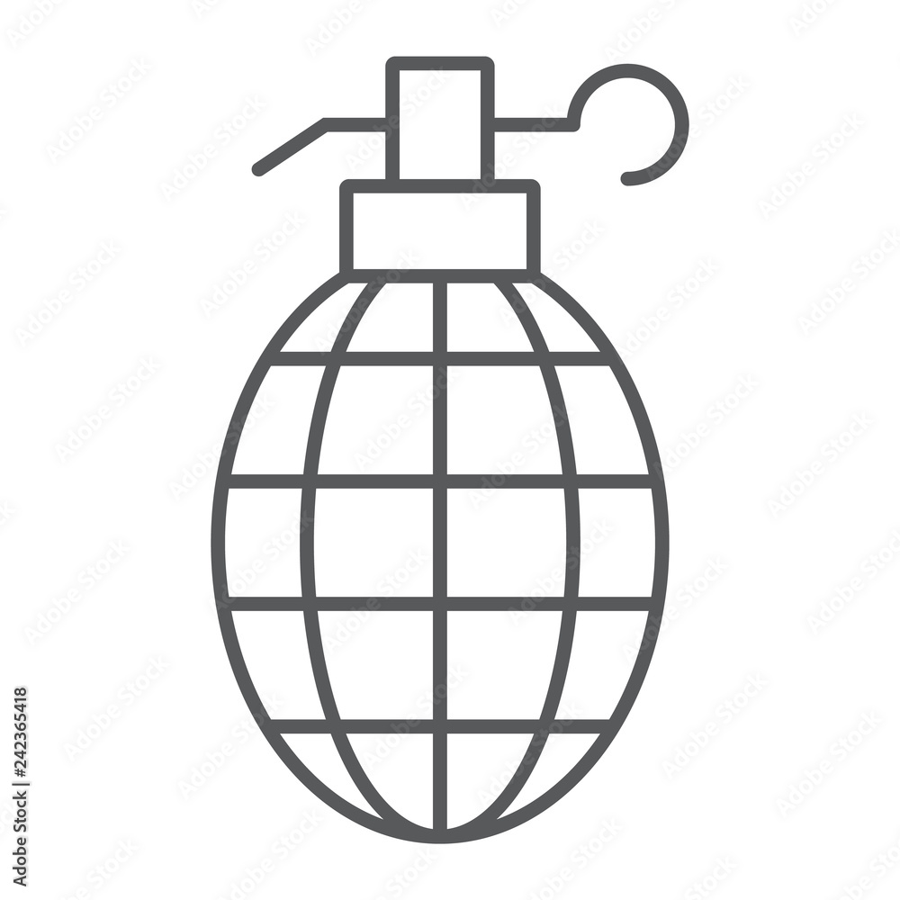 Grenade thin line icon, weapon and army, bomb sign, vector graphics, a linear pattern on a white background. Grenade thin line icon, weapon and army, bomb sign, vector graphics, a linear pattern on a white background.