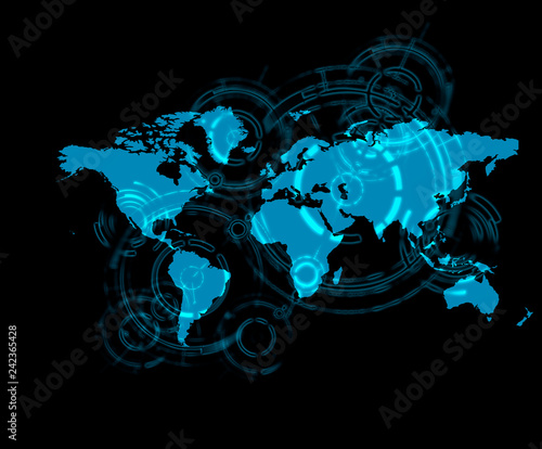 World map on a technological background, glowing lines symbols of the Internet, radio, television, mobile and satellite communications.