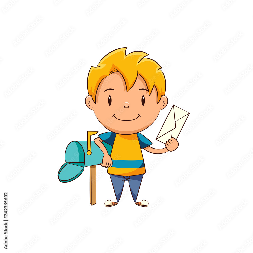 Kid holding letter mailbox