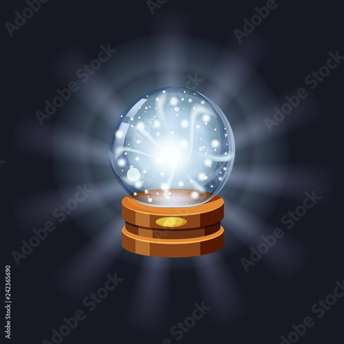 Magic crystal ball fortune, mistery, shining, magic, predictions, sphere, light effects, glow, vector, illustration, isolated, cartoon style