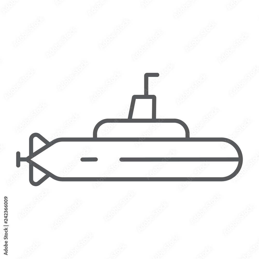 Submarine thin line icon, ocean and navy, boat sign, vector graphics, a linear pattern on a white background. Submarine thin line icon, ocean and navy, boat sign, vector graphics, a linear pattern on a white background.