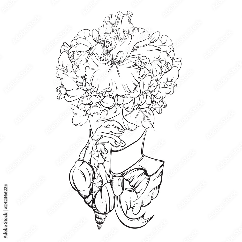 Vector illustration made in realistic hand drawn line style. Portrait of girl with flowers instead head and snails. Template for card poster banner print for t-shirt Vector illustration made in realistic hand drawn line style. Portrait of girl with flowers instead head and snails. Template for card poster banner print for t-shirt