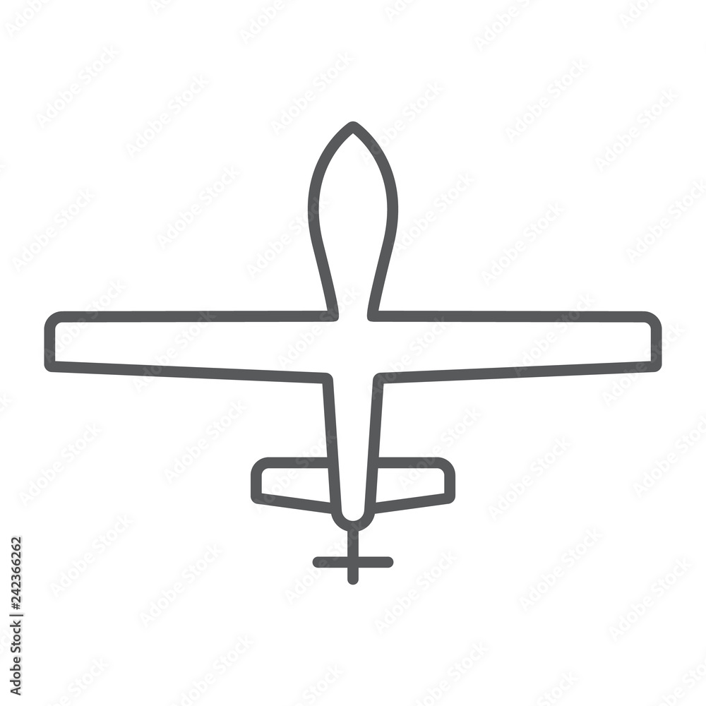 Unmanned aerial thin line icon, military and vehicle, drone sign, vector graphics, a linear pattern on a white background. Unmanned aerial thin line icon, military and vehicle, drone sign, vector graphics, a linear pattern on a white background.