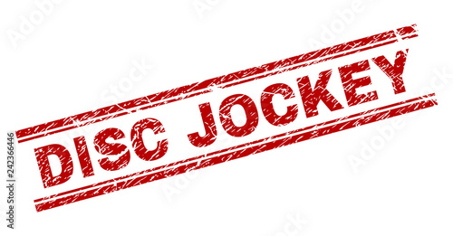 DISC JOCKEY seal print with distress texture. Red vector rubber print of DISC JOCKEY tag with dirty texture. Text caption is placed between double parallel lines.