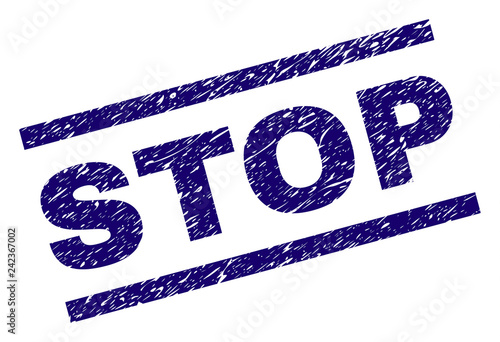 STOP seal stamp with scratced style. Blue vector rubber print of STOP text with dust texture. Text caption is placed between parallel lines.