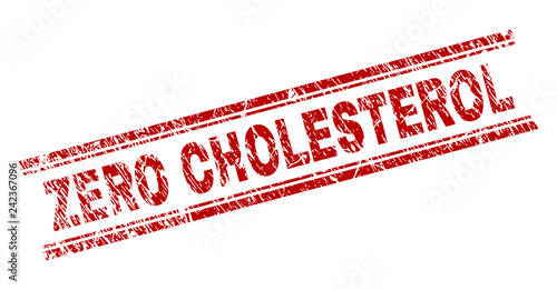 ZERO CHOLESTEROL seal print with corroded texture. Red vector rubber print of ZERO CHOLESTEROL title with corroded texture. Text label is placed between double parallel lines.