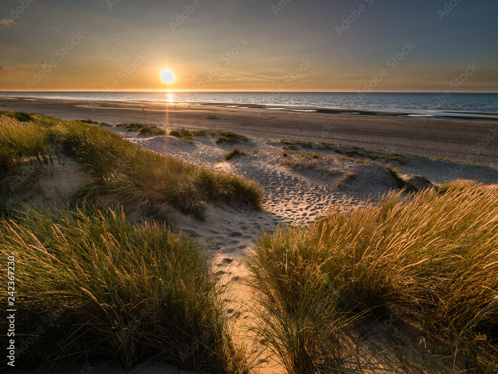 View from colorful marram grass covered dunes in northern France towards the sun ready to disappear into the ocean