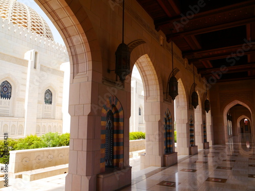 outside scene of the Sultan Qaboos Grand Mosque, arab architechture masterpiece, Oman, Middle East
