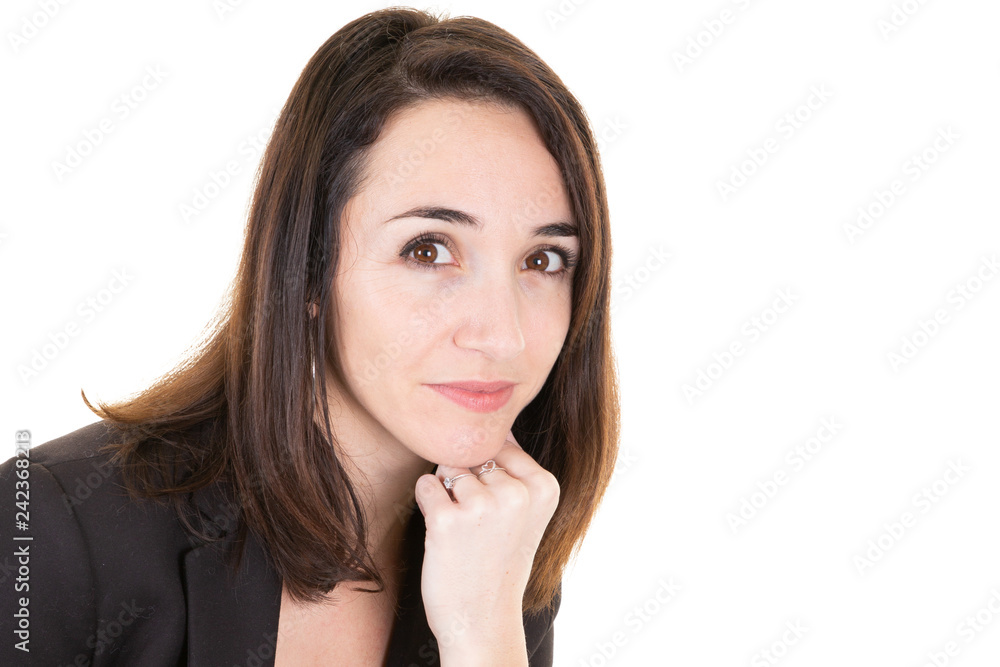 Studio shot of young pretty businesswoman thinking Studio shot of young pretty businesswoman thinking