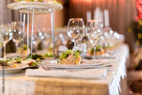 Serving dishes in the restaurant. luxury dinner served on the table