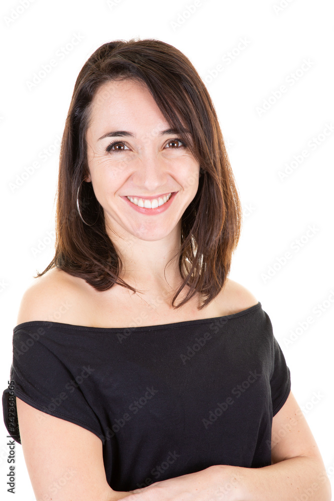businesswoman brunette with folded arms smiling at the camera businesswoman brunette with folded arms smiling at the camera