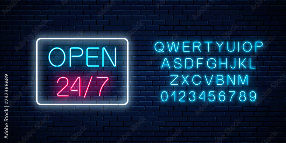 Neon open 24 hours 7 days a week sign in geometric shape with alphabet. Round the clock working night club signboard Neon open 24 hours 7 days a week sign in geometric shape with alphabet. Round the clock working night club signboard