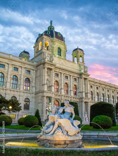 Maria Theresa Square in Vienna. Museum of Natural History in Vienna. Art History Museum in Vienna and the fountain Triton and Naiad.