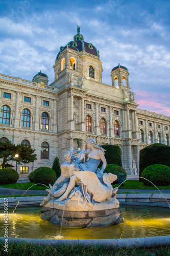Maria Theresa Square in Vienna. Museum of Natural History in Vienna. Art History Museum in Vienna and the fountain Triton and Naiad.