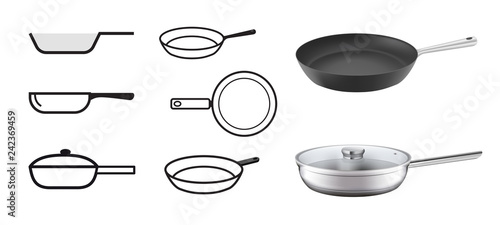 Set realistic frying pans with icons. Vector illustration isolated on white background. Ready for use in presentation, promo, advertising and more. EPS10.