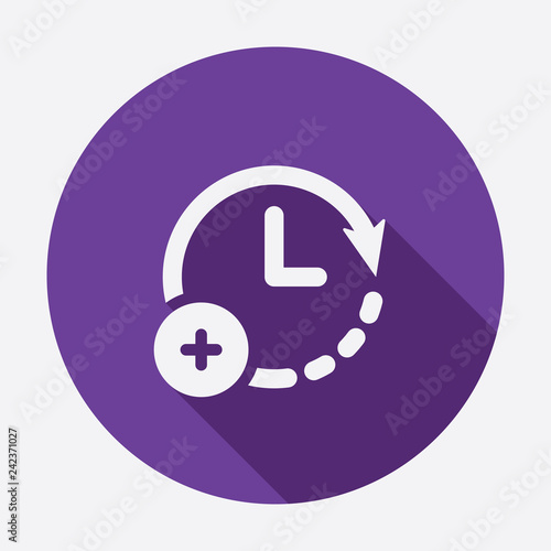 Extra hour, extra time icon. Clock icon with add sign. Clock icon and new, plus, positive symbol. Vector icon