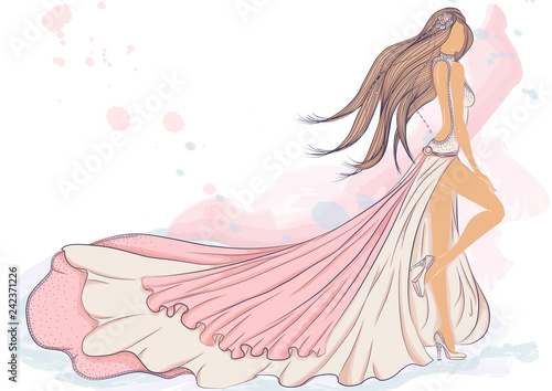 Color vector illustration of a silhouette of a girl in a long evening dress with long hair. Drawing on a background imitating a watercolor