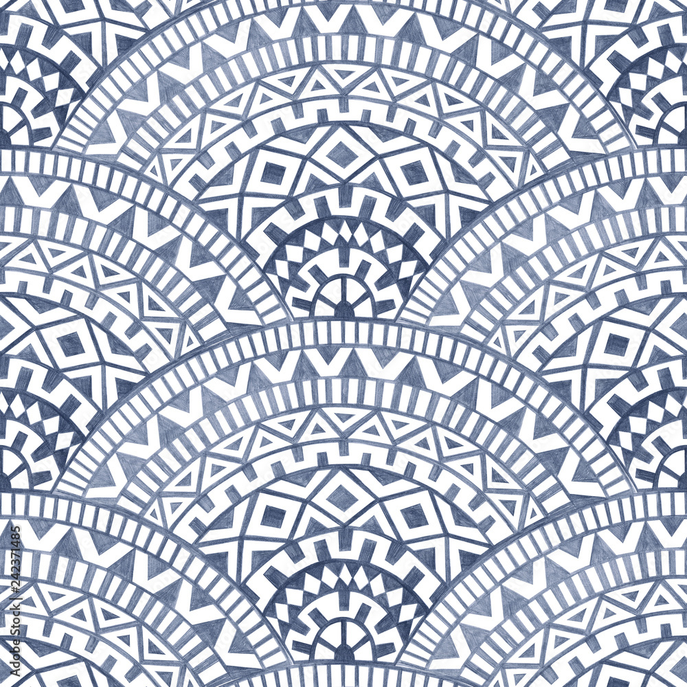Fototapeta premium Seamless pattern of a seigaiha. Wave ornament drawn in pencil on paper. Ethnic and tribal motifs. Sea print for textiles.