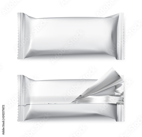Blank mockups of flow packages. Vector illustration isolated on white background. Front and rear view. It can be used in the adv, promo, package, etc. EPS10.