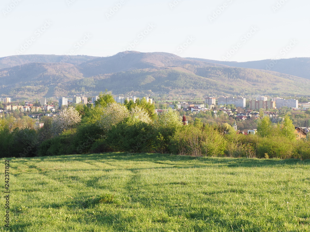 Marvelous cityscape landscape of european Bielsko-Biala city and countryside, green grassy meadow at Beskids in POLAND