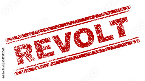 REVOLT seal print with grunge texture. Red vector rubber print of REVOLT title with grunge texture. Text tag is placed between double parallel lines.