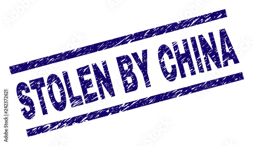 STOLEN BY CHINA seal print with grunge style. Blue vector rubber print of STOLEN BY CHINA title with unclean texture. Text title is placed between parallel lines.