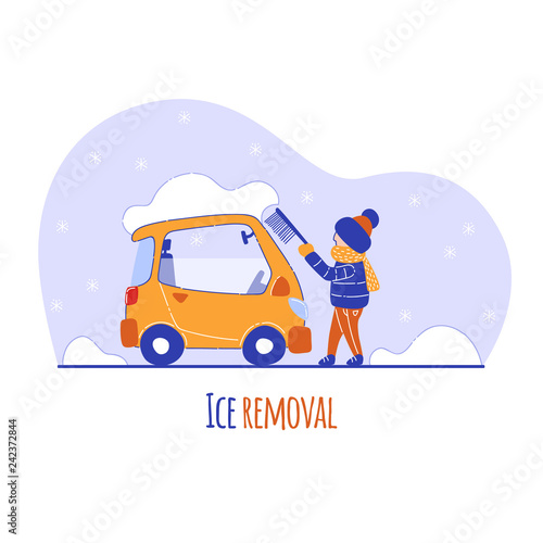 Young man cleans his car from the snow and ice with a brush on the street in winter. Man removes snow from car with the help of special broom. Vector cartoon illustration.