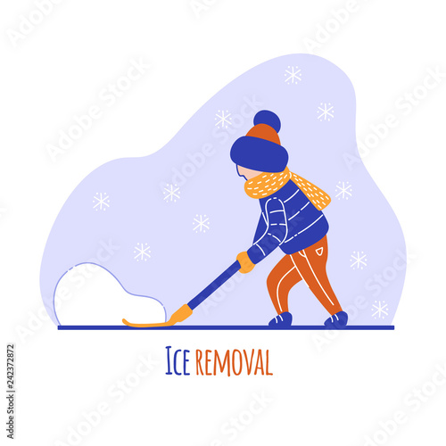 Young man cleans his track from the snow and ice with a shovel on the street in winter. Vector cartoon illustration.