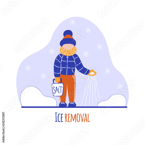 Man sprinkles salt on the walkway. Salt removes ice. Vector cartoon illustration.