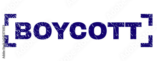 BOYCOTT title seal imprint with distress texture. Text title is placed inside corners. Blue vector rubber print of BOYCOTT with retro texture.