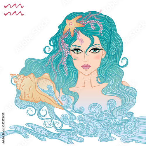Zodiac. Vector illustration of the astrological sign of Aquarius as a beautiful girl with long hair. Isolated on white background