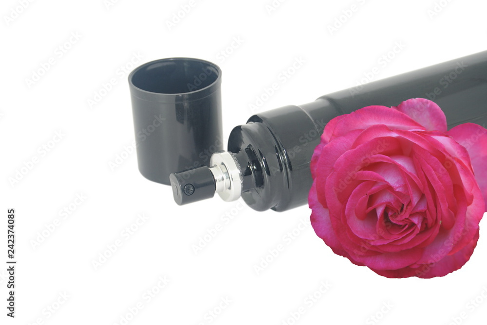 Perfume de rosas em spray - lata de spray preta com cheiro de rosas sem tampa - aberto Perfume de rosas em spray - lata de spray preta com cheiro de rosas sem tampa - aberto