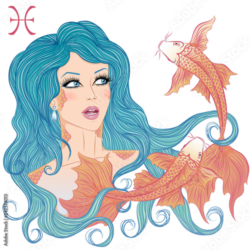 Zodiac. Vector illustration of the astrological sign of Pisces as a beautiful girl with long hair. Isolated on white background